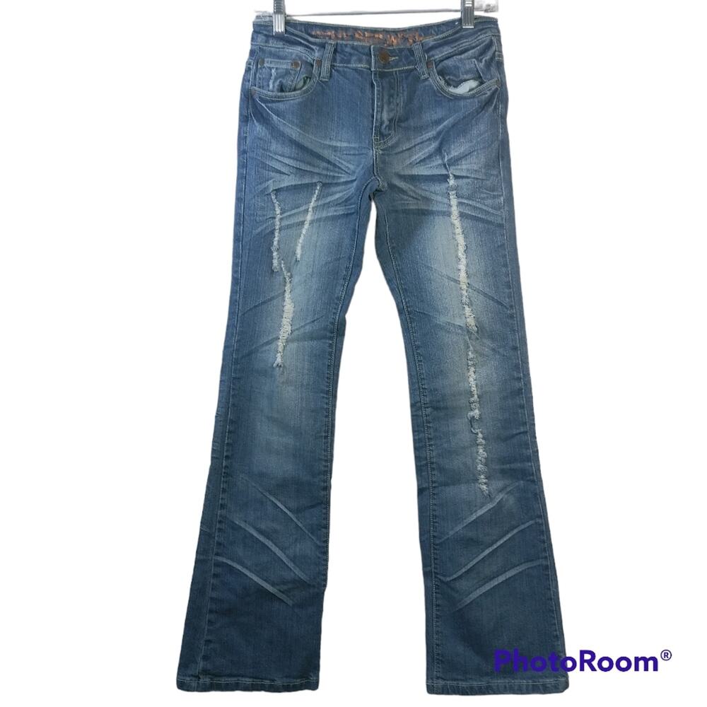 Hybrid  Blue Wash Distressed Boot Cut Y2K Jeans Size 27